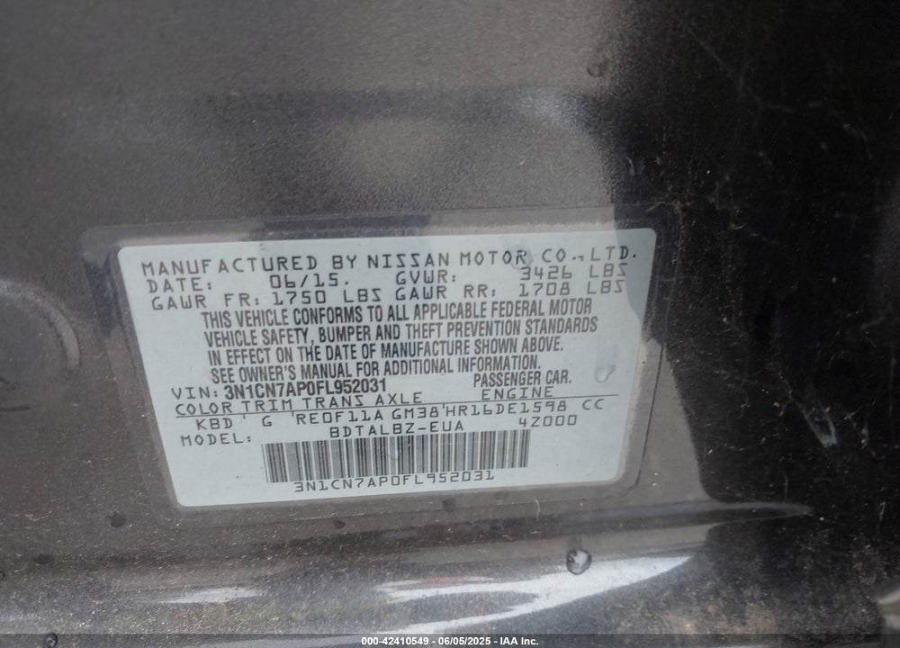 2015 NISSAN VERSA VIN: 3N1CN7AP0FL952031
