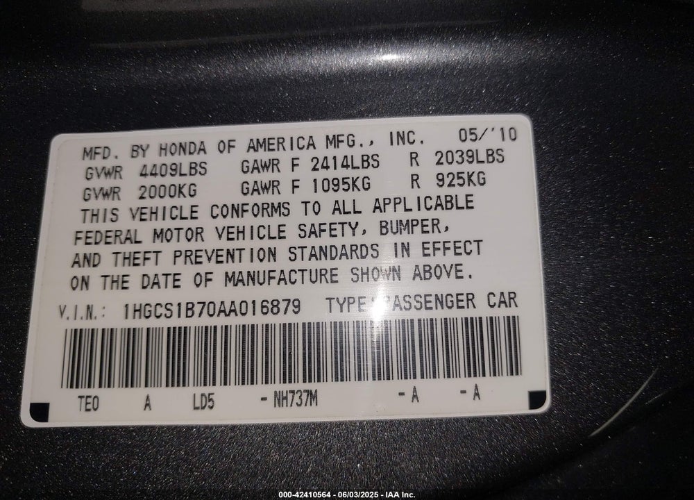 2010 HONDA ACCORD VIN: 1HGCS1B70AA016879