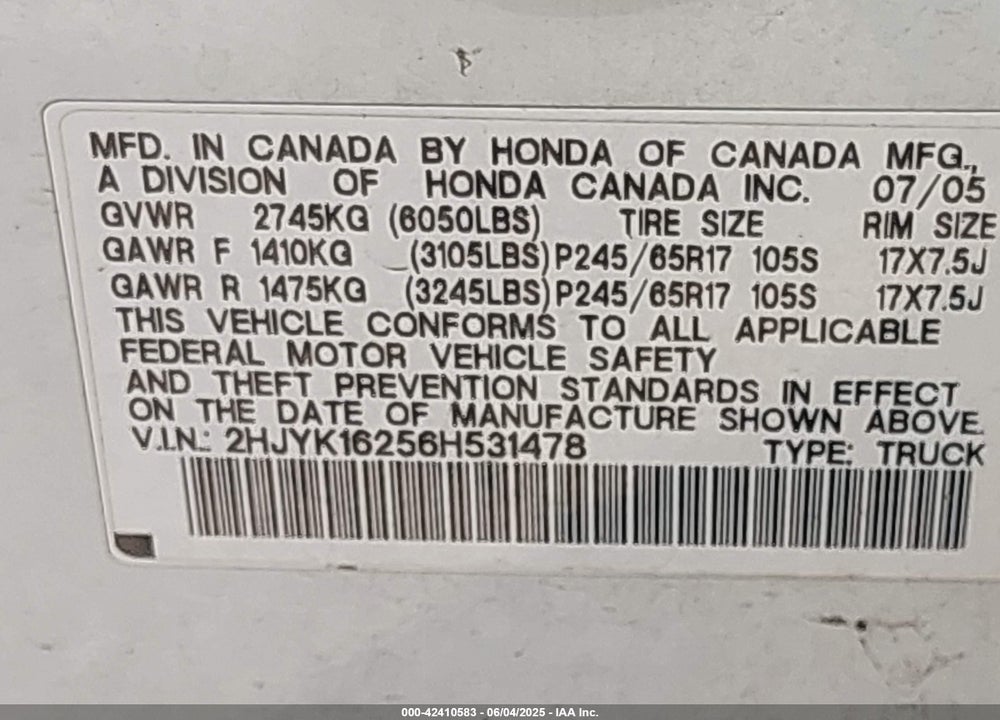 2006 HONDA RIDGELINE VIN: 2HJYK16256H531478