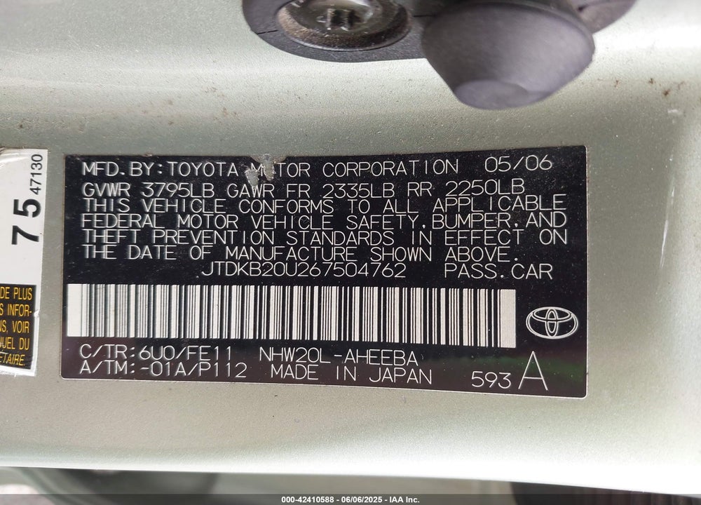 2006 TOYOTA PRIUS VIN: JTDKB20U267504762
