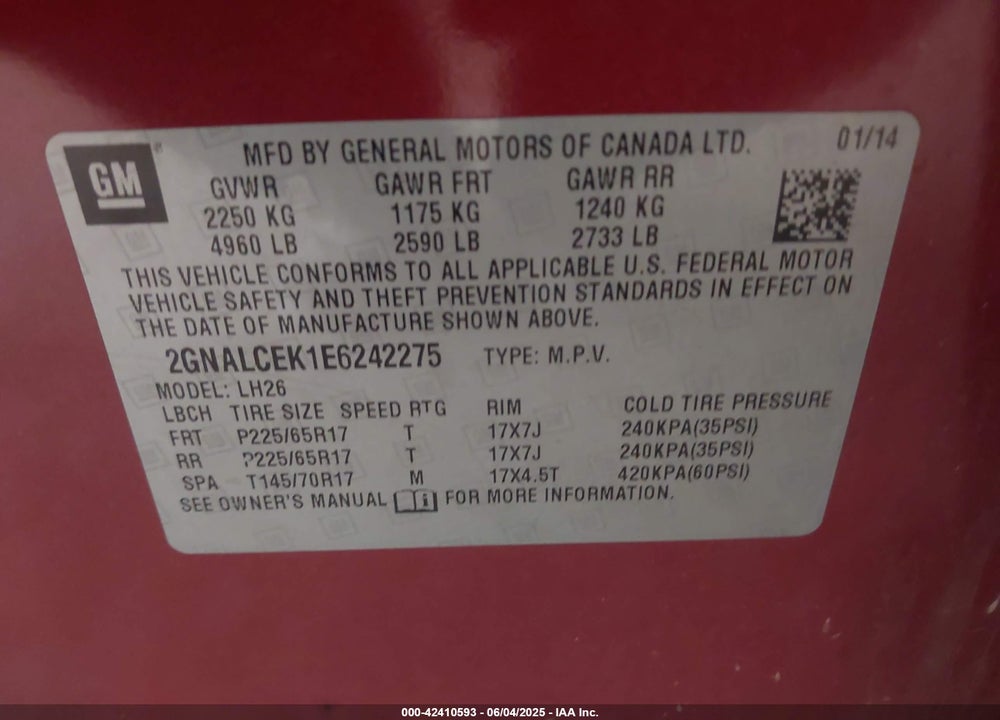2014 CHEVROLET EQUINOX 2LT VIN: 2GNALCEK1E6242275