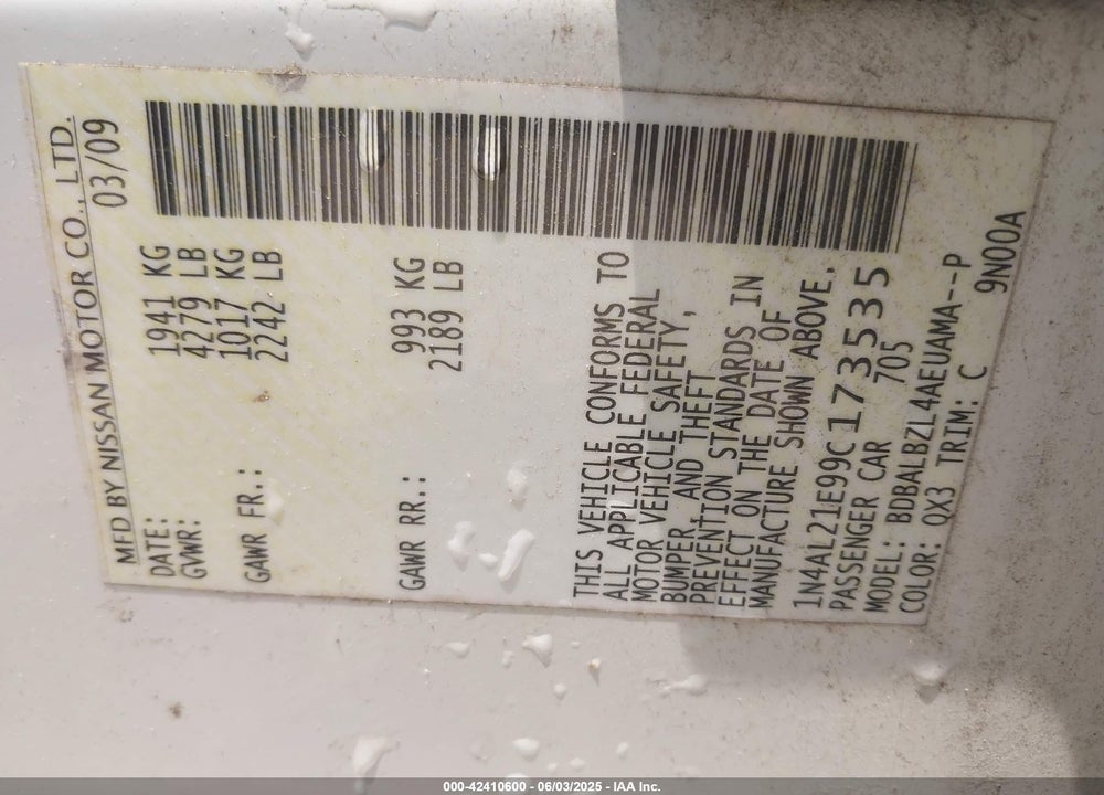 2009 NISSAN ALTIMA VIN: 1N4AL21E99C173535