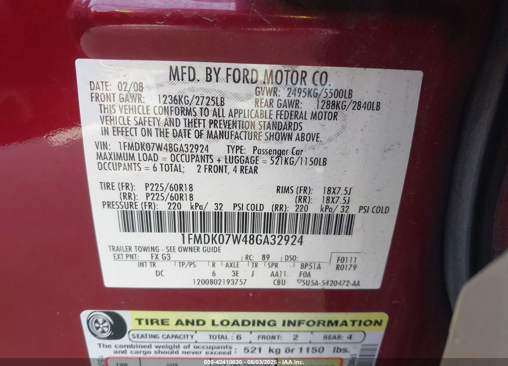 2008 FORD TAURUS X VIN: 1FMDK07W48GA32924