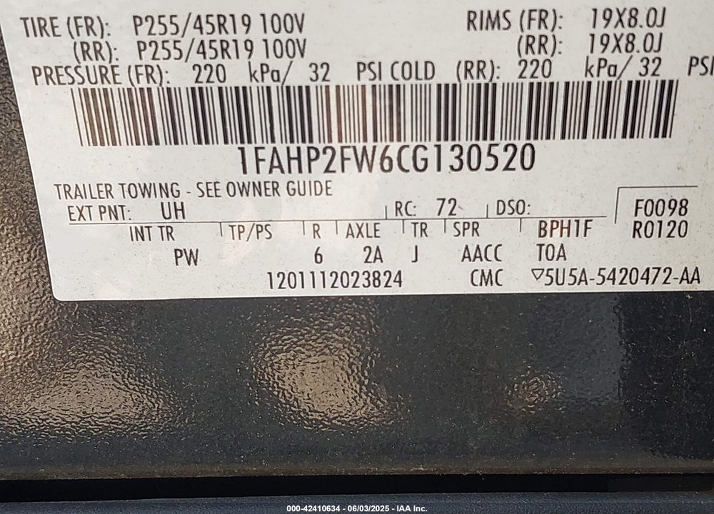 2012 FORD TAURUS LIMITED VIN: 1FAHP2FW6CG130520