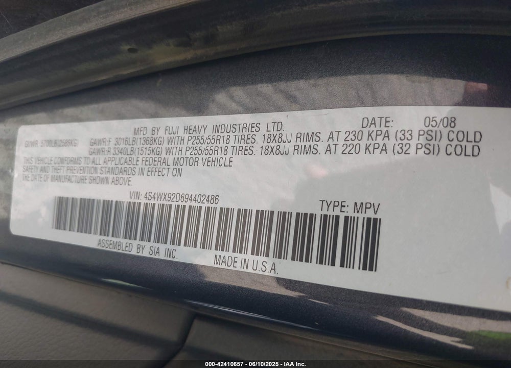 2009 SUBARU TRIBECA LIMITED 5-PASSENGER/SPECIAL EDITION 5-PASSENGER VIN: 4S4WX92D694402486