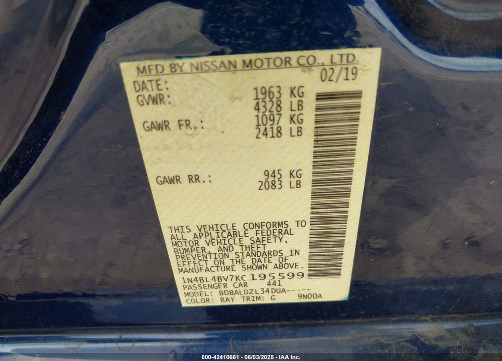 2019 NISSAN ALTIMA VIN: 1N4BL4BV7KC195599