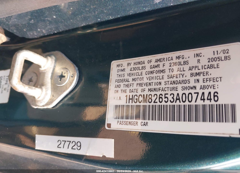 2003 HONDA ACCORD 3.0 EX VIN: 1HGCM82653A007446