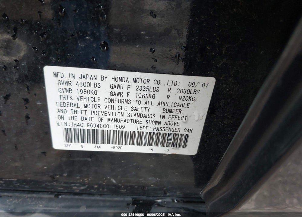 2008 ACURA TSX VIN: JH4CL96948C011509