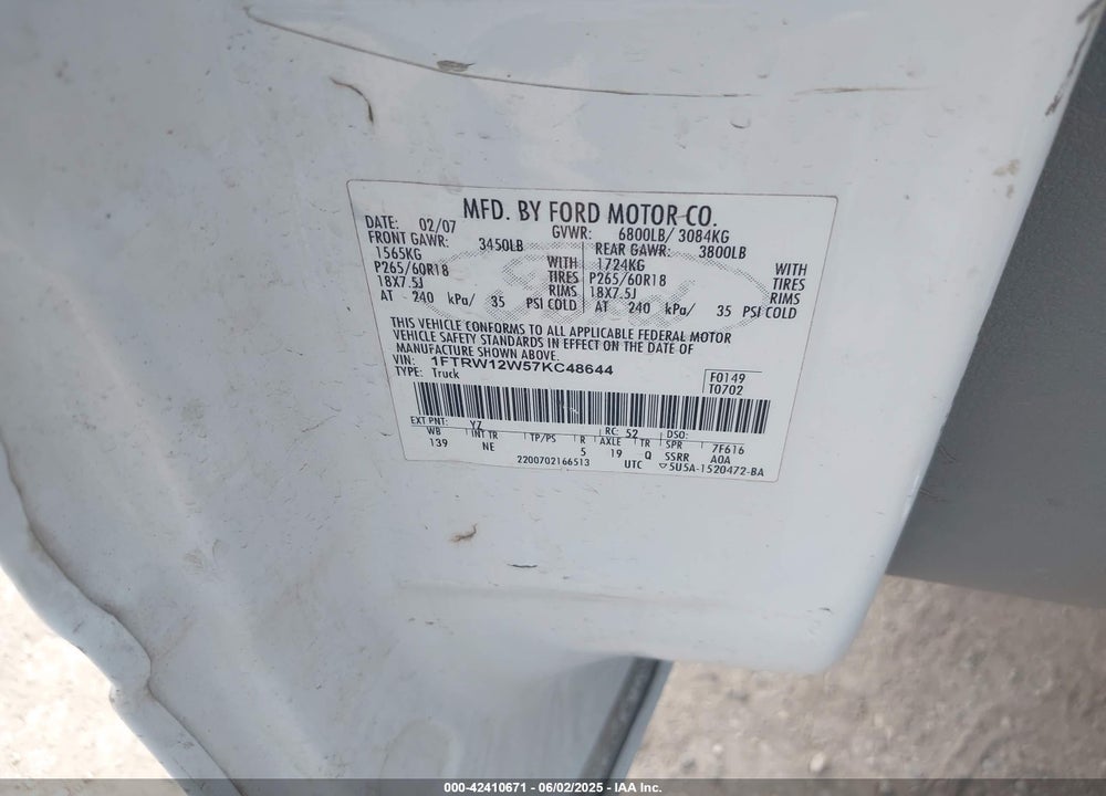 2007 FORD F-150 XLT VIN: 1FTRW12W57KC48644