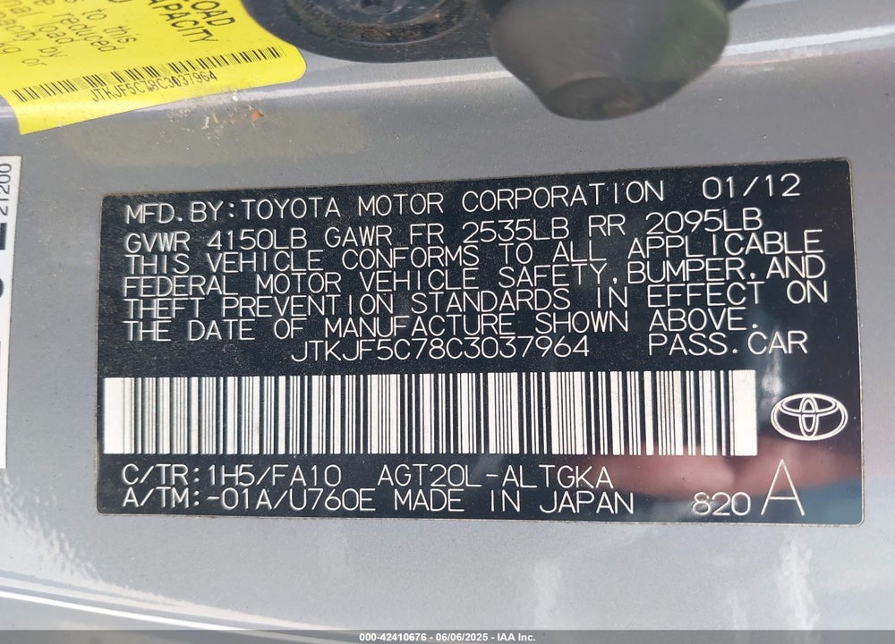 2012 SCION TC VIN: JTKJF5C78C3037964
