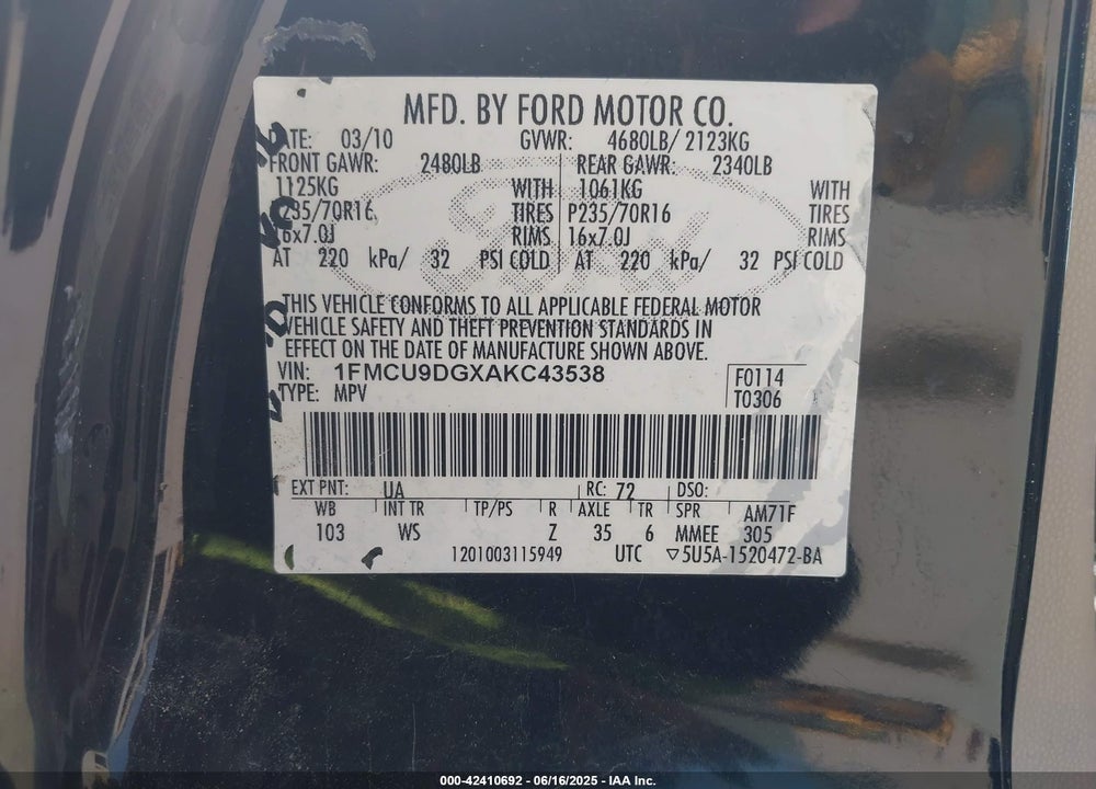 2010 FORD ESCAPE VIN: 1FMCU9DGXAKC43538