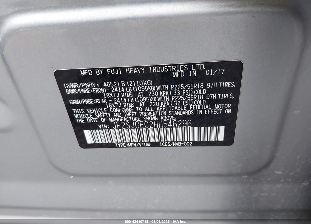2017 SUBARU FORESTER VIN: JF2SJGEC2HH546296