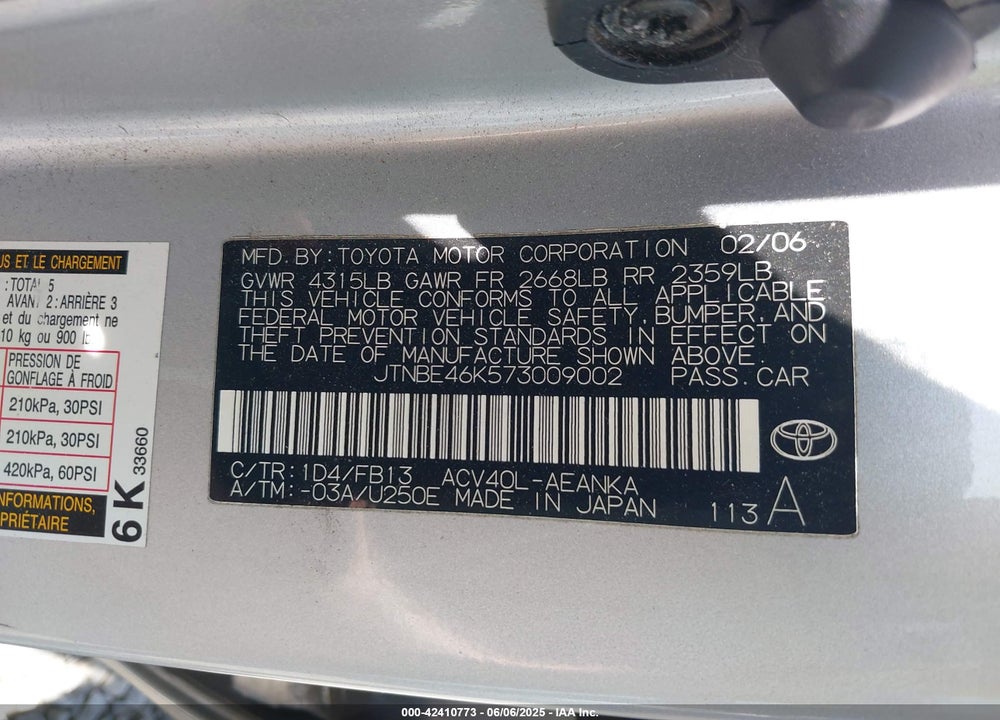 2007 TOYOTA CAMRY VIN: JTNBE46K573009002
