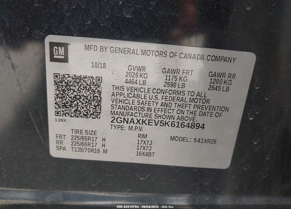 2019 CHEVROLET EQUINOX VIN: 2GNAXKEV5K6164894