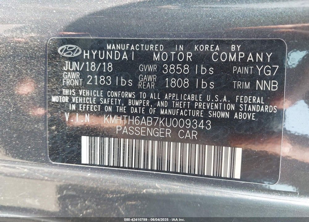 2019 HYUNDAI VELOSTER VIN: KMHTH6AB7KU009343