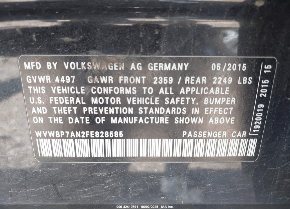 2015 VOLKSWAGEN CC VIN: WVWBP7AN2FE828585