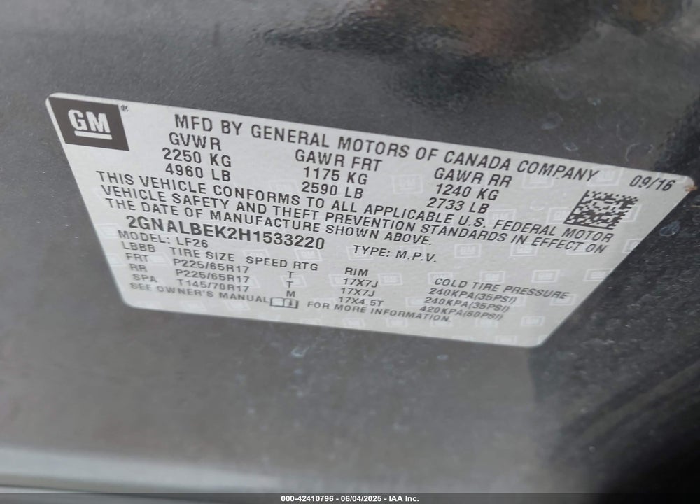 2017 CHEVROLET EQUINOX VIN: 2GNALBEK2H1533220
