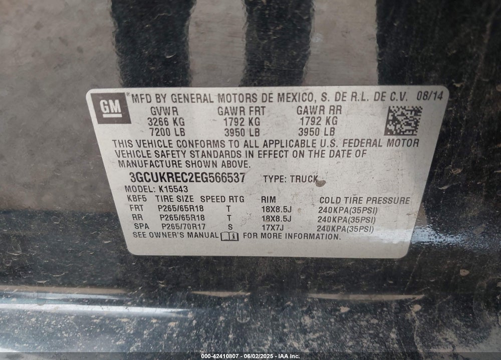 2014 CHEVROLET SILVERADO 1500 2LT VIN: 3GCUKREC2EG566537