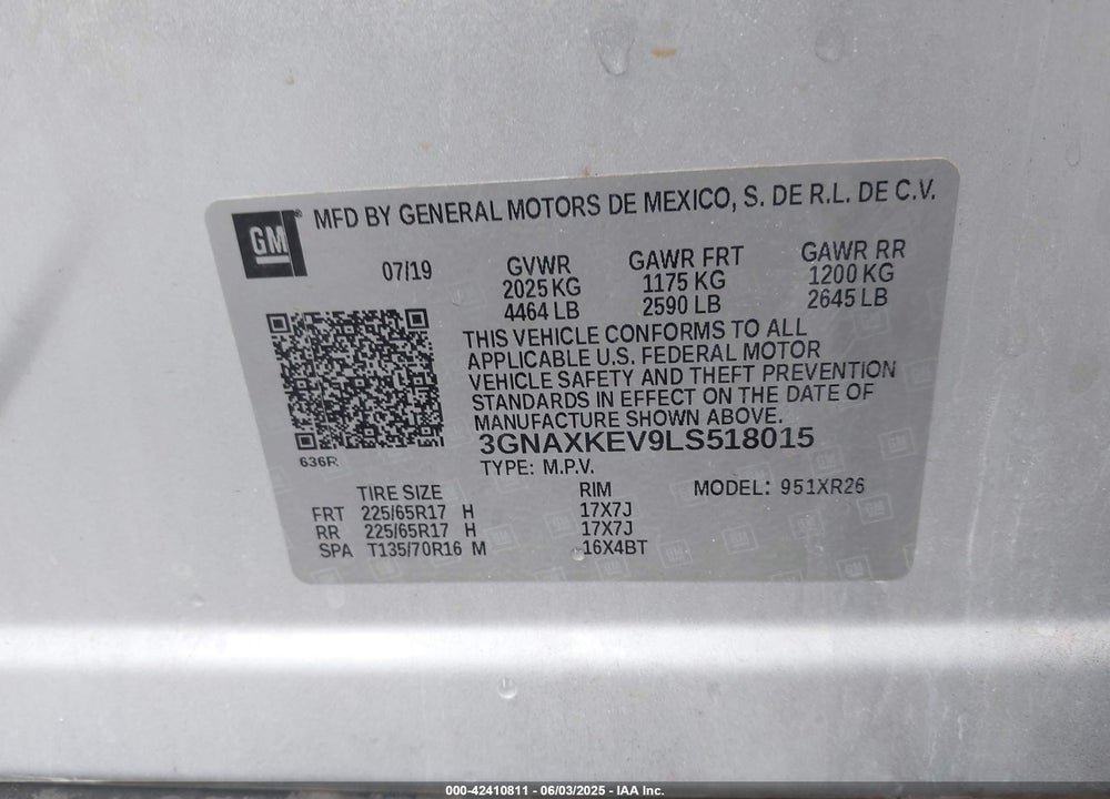 2020 CHEVROLET EQUINOX VIN: 3GNAXKEV9LS518015