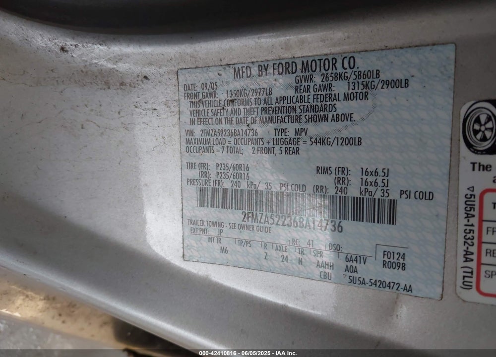 2006 FORD FREESTAR SEL VIN: 2FMZA52236BA14736