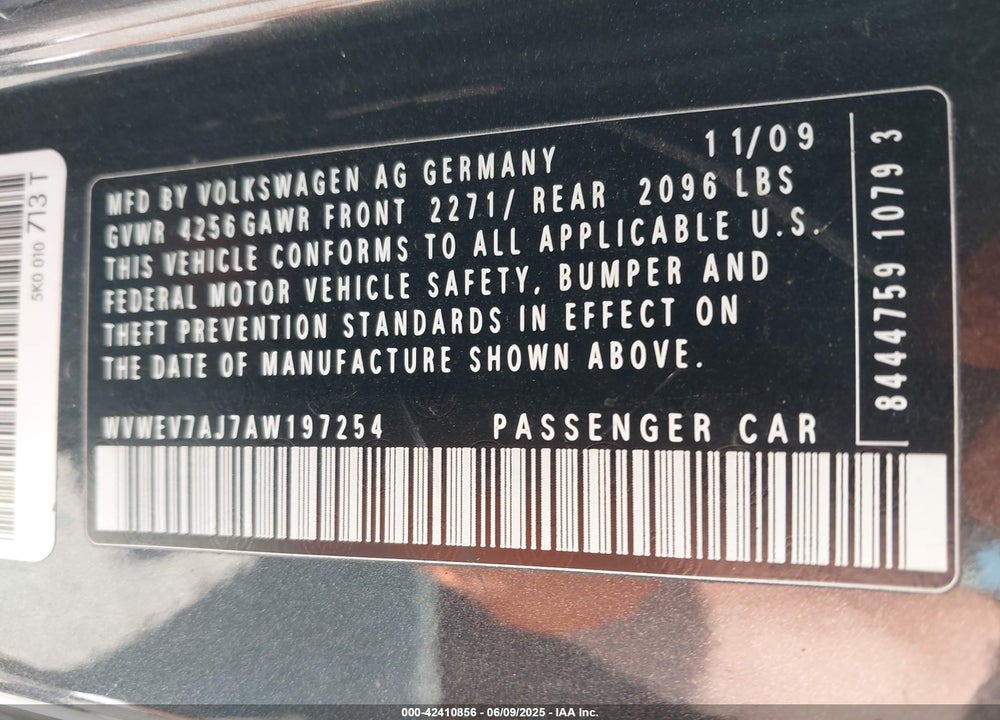 2010 VOLKSWAGEN GTI VIN: WVWEV7AJ7AW197254