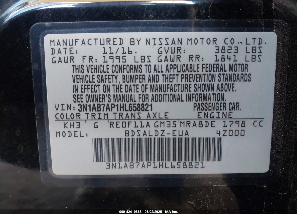 2017 NISSAN SENTRA VIN: 3N1AB7AP1HL658821