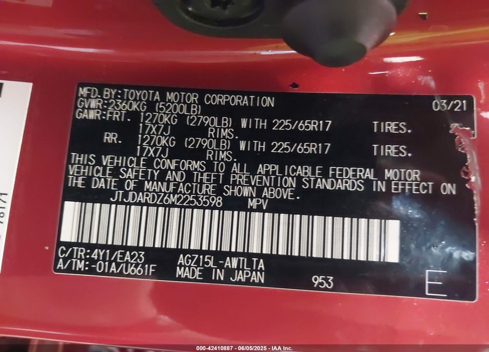 2021 LEXUS NX 300 VIN: JTJDARDZ6M2253598