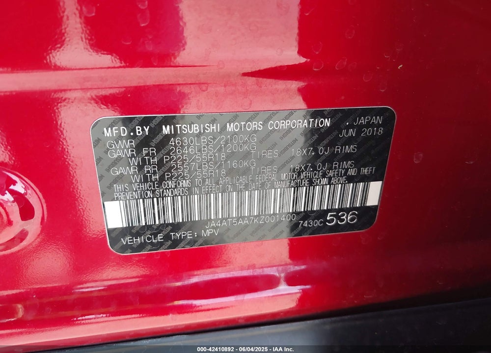 2019 MITSUBISHI ECLIPSE CROSS VIN: JA4AT5AA7KZ001400