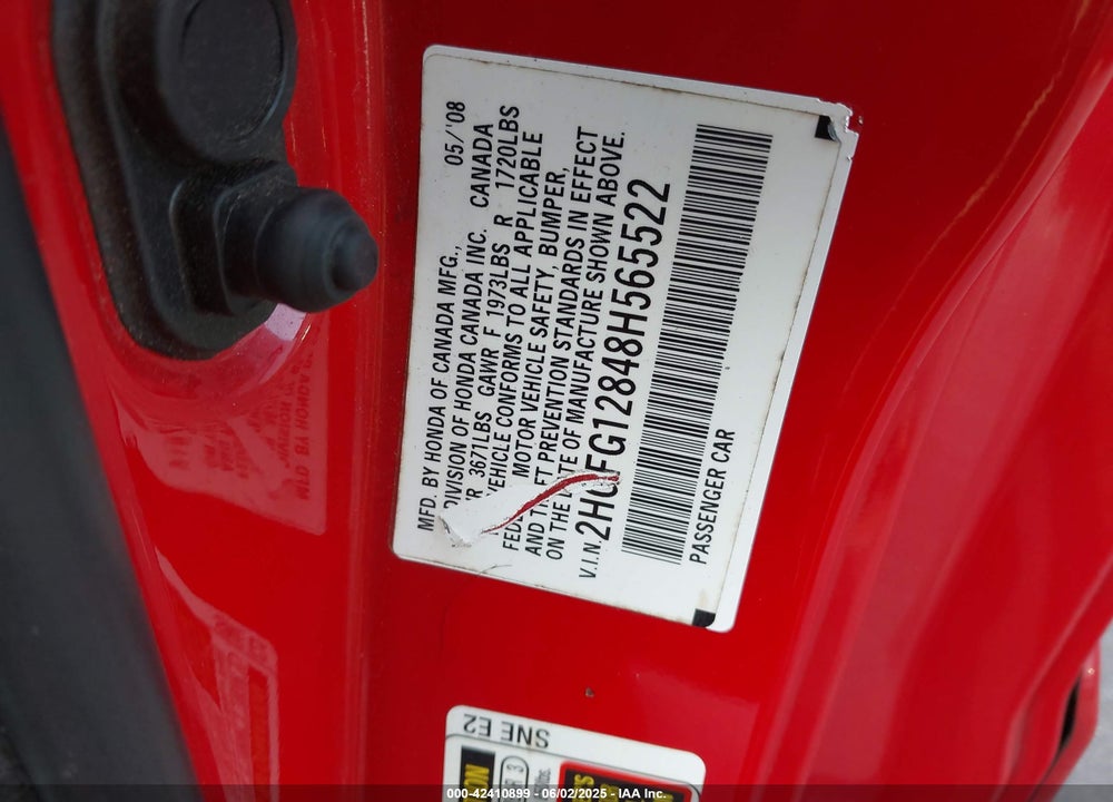 2008 HONDA CIVIC VIN: 2HGFG12848H565522
