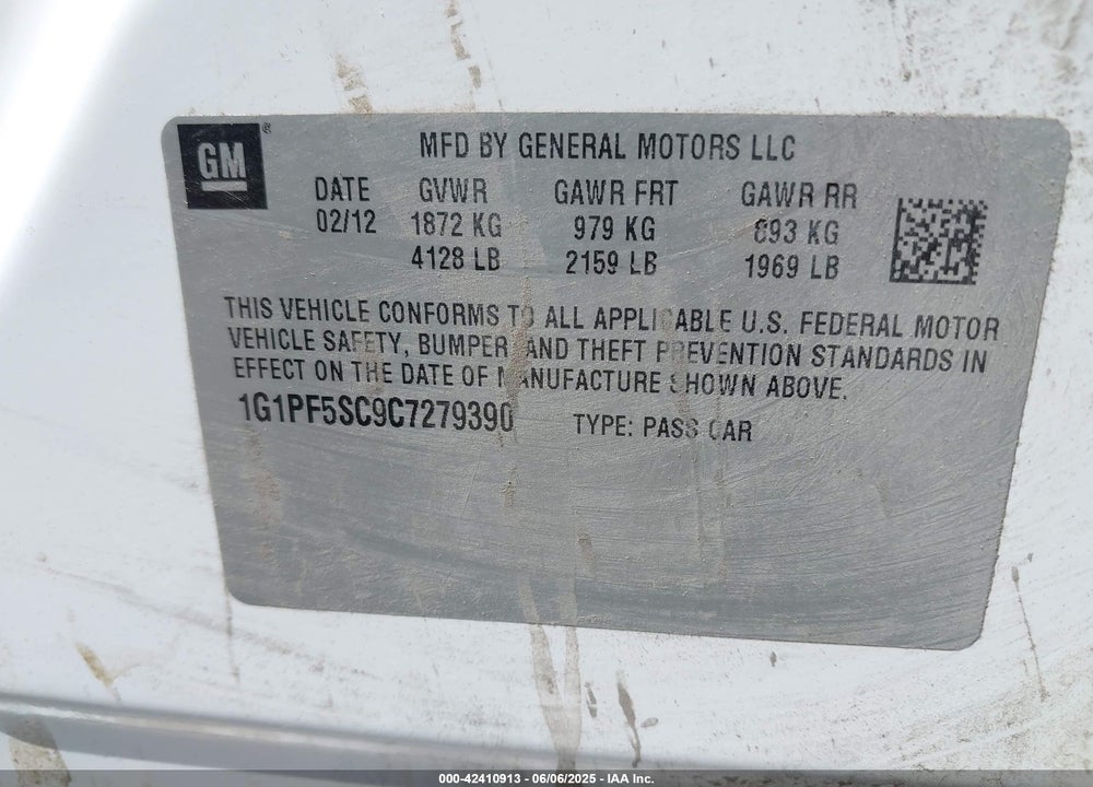 2012 CHEVROLET CRUZE VIN: 1G1PF5SC9C7279390