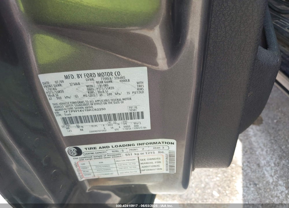 2009 FORD F-150 VIN: 1FTPW14V19KC62250