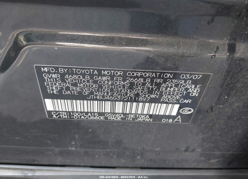 2007 LEXUS ES 350 VIN: JTHBJ46G372111897