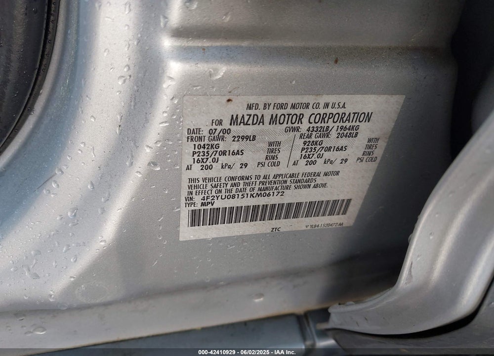 2001 MAZDA TRIBUTE VIN: 4F2YU08151KM06172