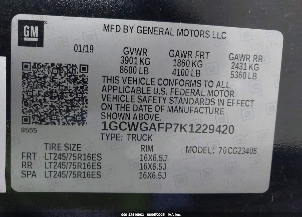 2019 CHEVROLET EXPRESS 2500 WORK VAN VIN: 1GCWGAFP7K1229420