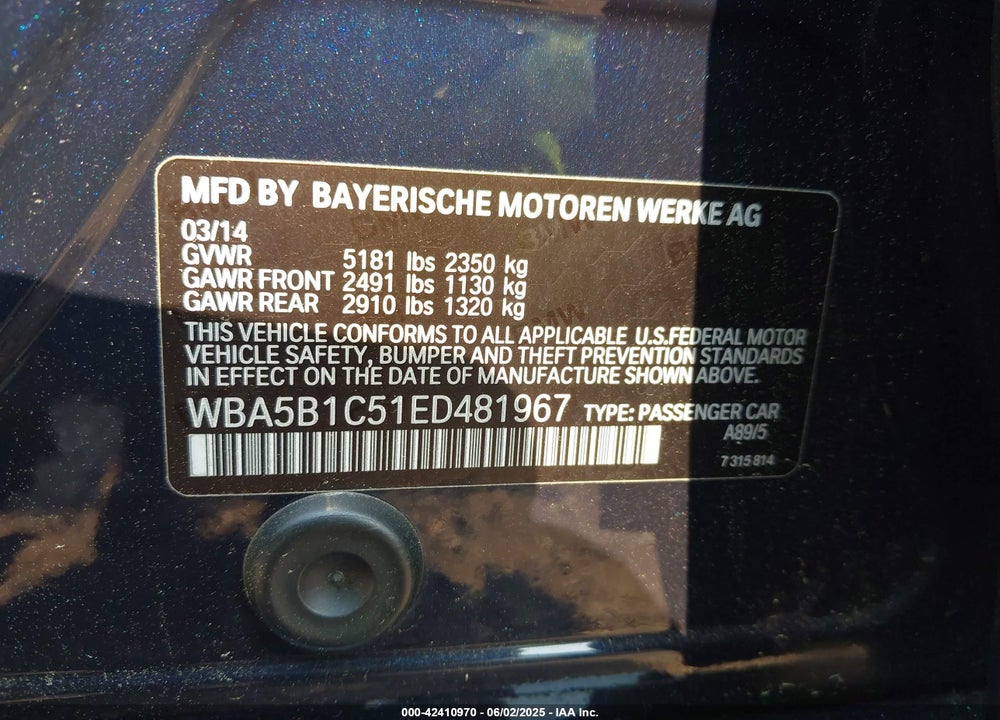 2014 BMW 535I VIN: WBA5B1C51ED481967