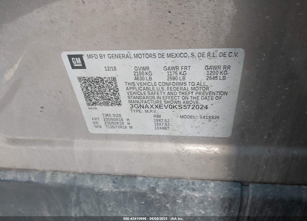 2019 CHEVROLET EQUINOX PREMIER VIN: 3GNAXXEV0KS572024