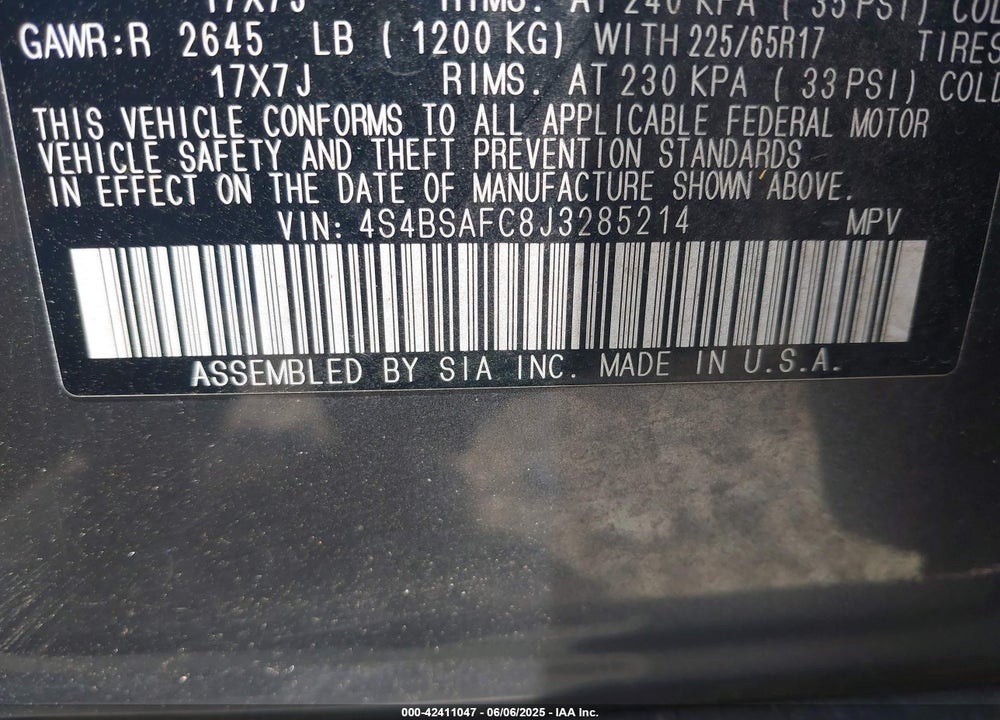 2018 SUBARU OUTBACK VIN: 4S4BSAFC8J3285214