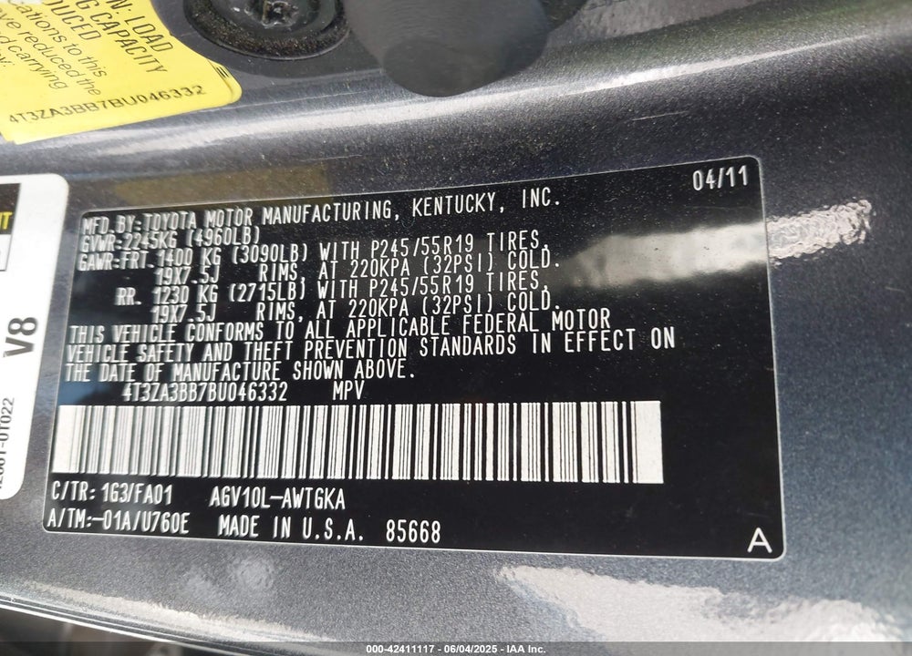 2011 TOYOTA VENZA VIN: 4T3ZA3BB7BU046332