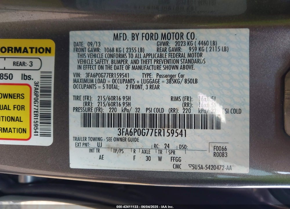 2014 FORD FUSION S VIN: 3FA6P0G77ER159541