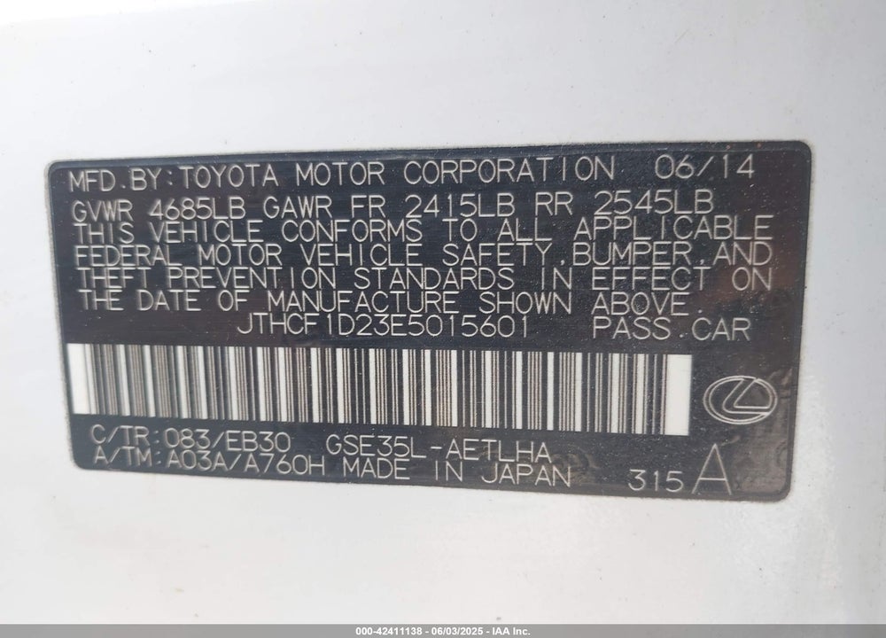 2014 LEXUS IS VIN: JTHCF1D23E5015601