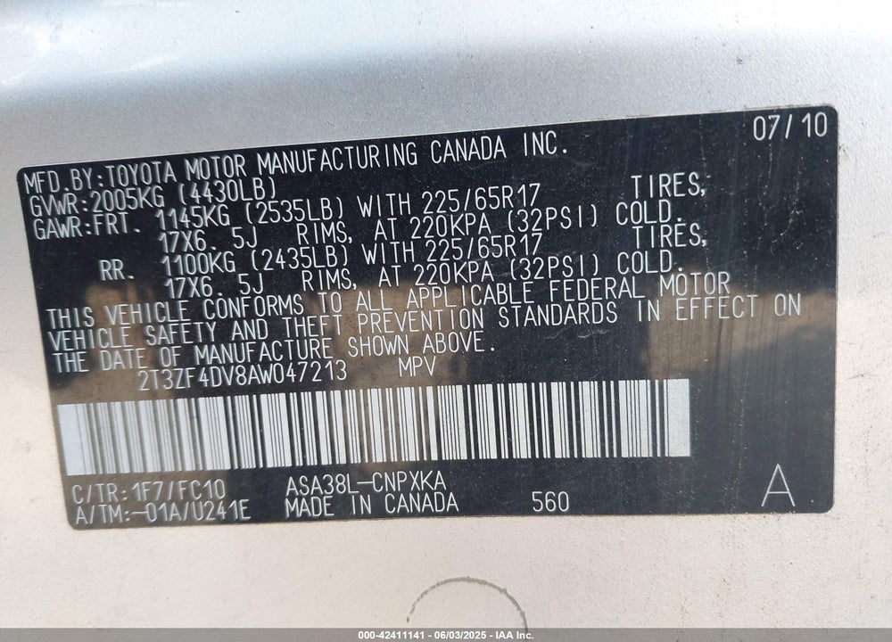 2010 TOYOTA RAV4 VIN: 2T3ZF4DV8AW047213