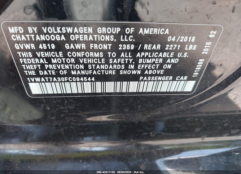 2015 VOLKSWAGEN PASSAT VIN: 1VWAT7A30FC094544