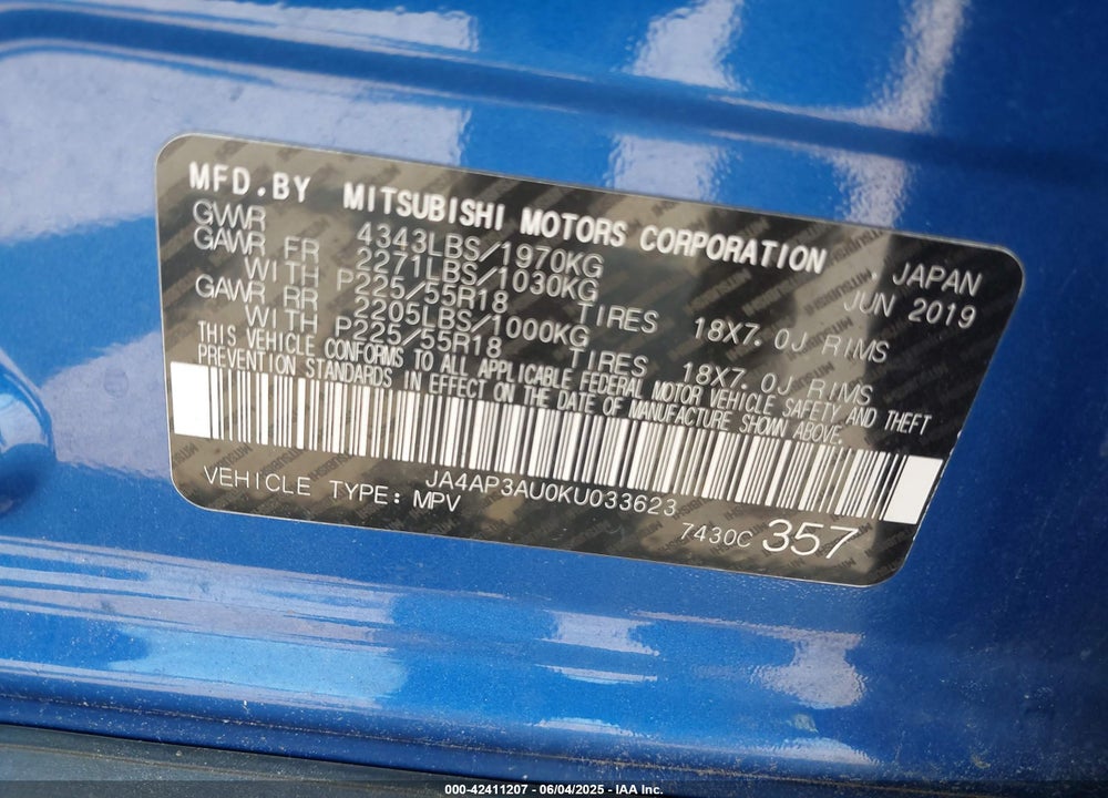 2019 MITSUBISHI OUTLANDER SPORT VIN: JA4AP3AU0KU033623