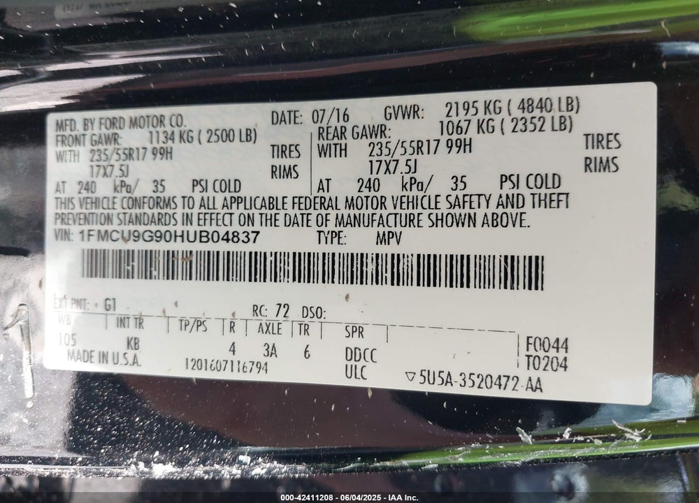 2017 FORD ESCAPE SE VIN: 1FMCU9G90HUB04837
