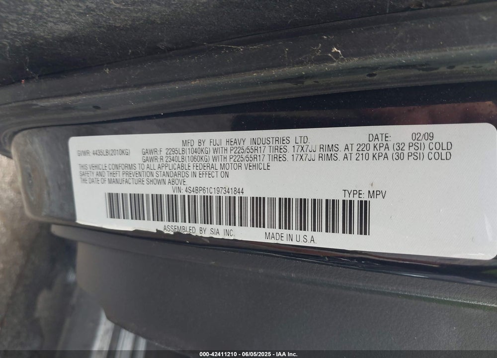 2009 SUBARU OUTBACK VIN: 4S4BP61C197341844