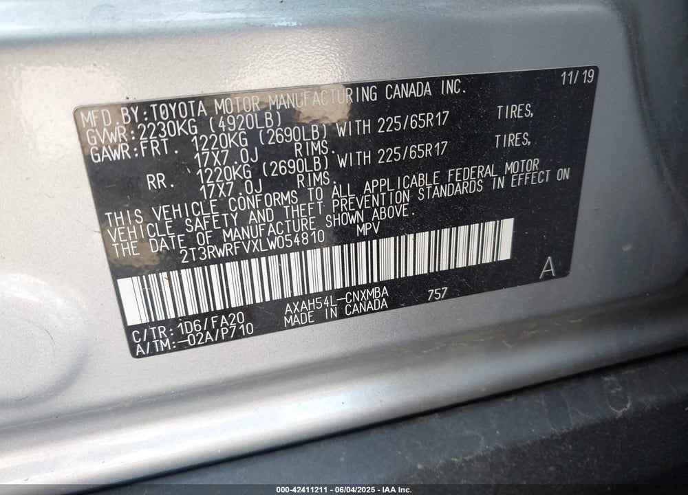 2020 TOYOTA RAV4 VIN: 2T3RWRFVXLW054810