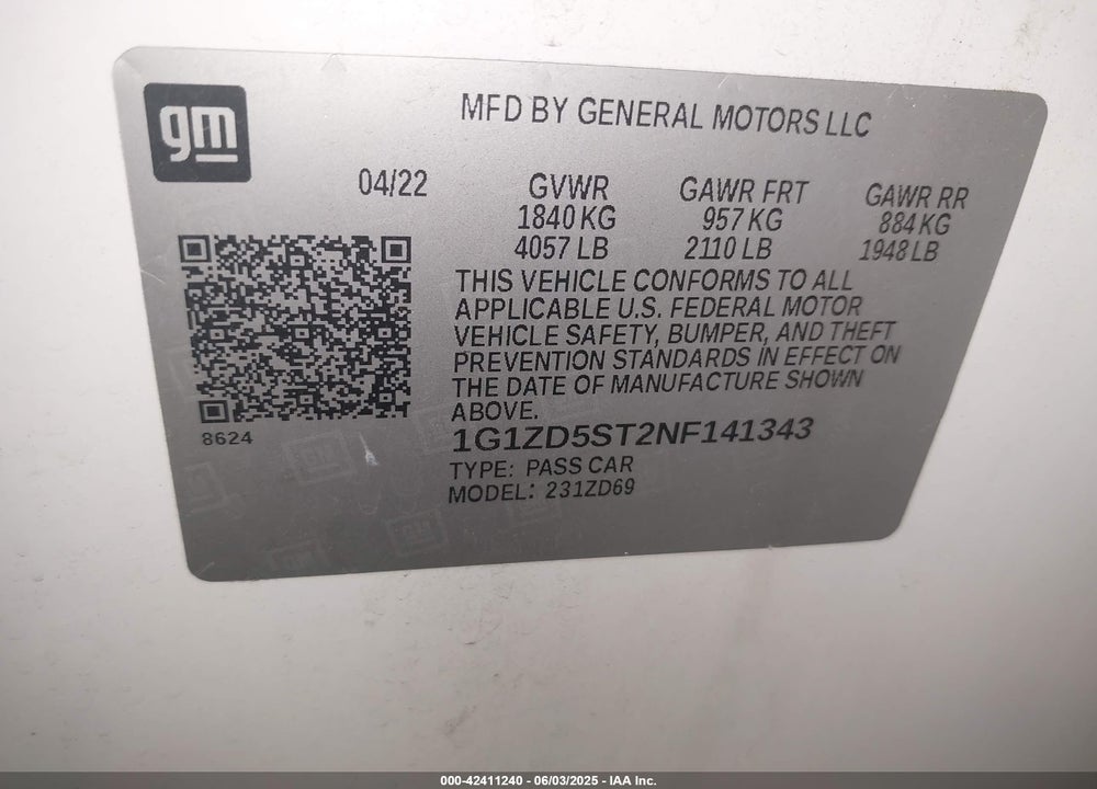2022 CHEVROLET MALIBU FWD LT VIN: 1G1ZD5ST2NF141343