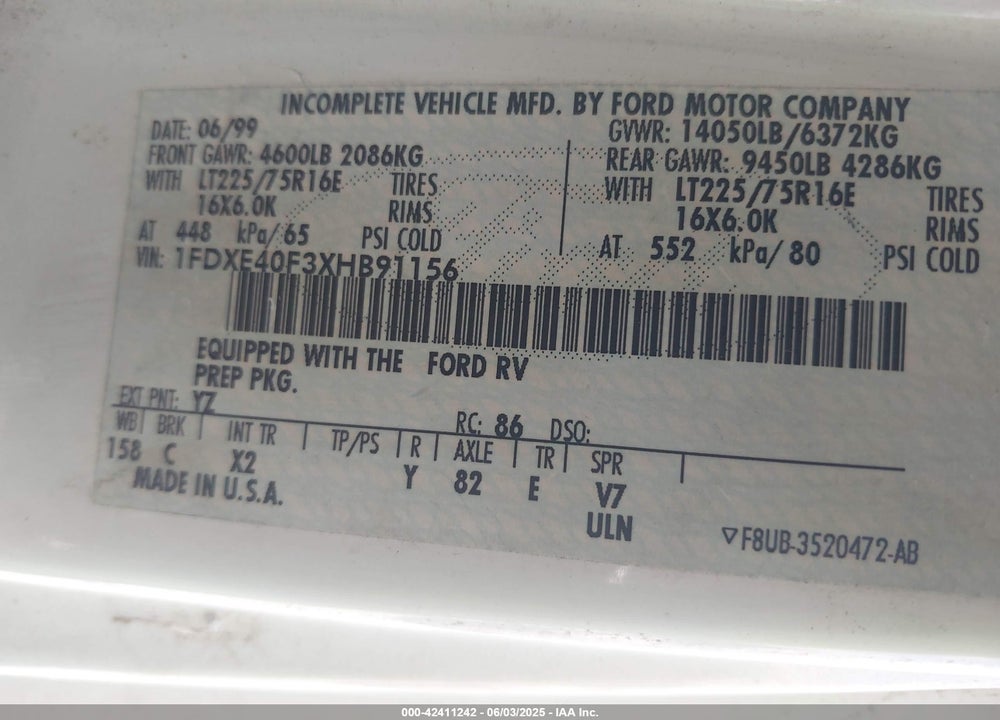 1999 FORD ECONOLINE E450 SUPER DUTY CUTWY  RV VIN: 1FDXE40F3XHB91156