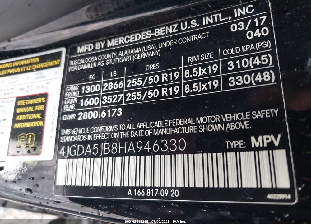 2017 MERCEDES-BENZ GLE CLASS VIN: 4JGDA5JB8HA946330