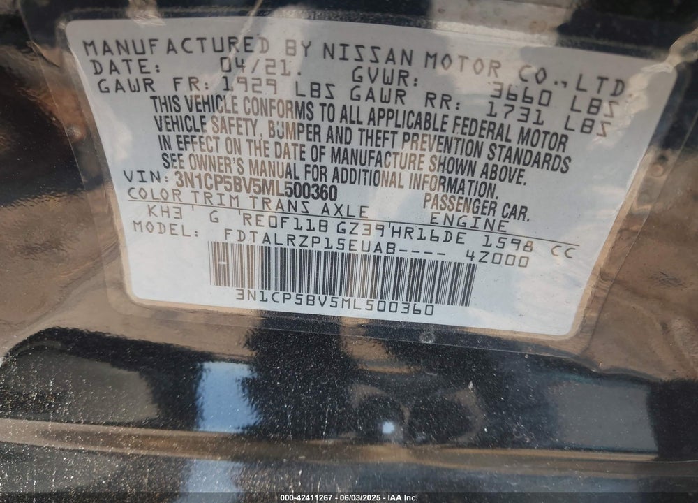 2021 NISSAN KICKS VIN: 3N1CP5BV5ML500360